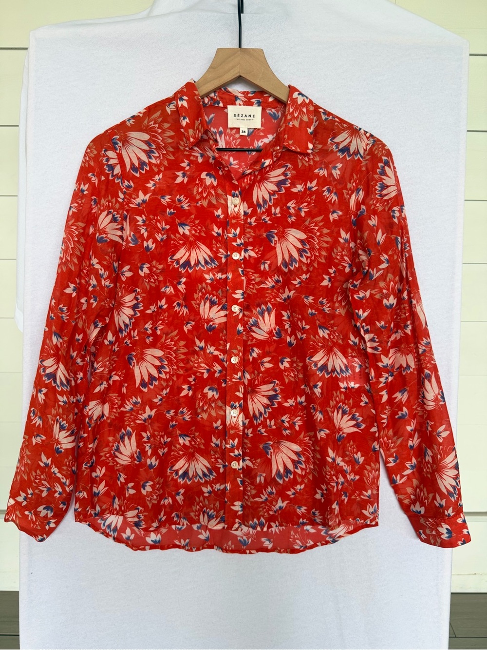 Sézane Max Shirt Red Floral Cotton Silk Blouse French Girl Size 34 XS